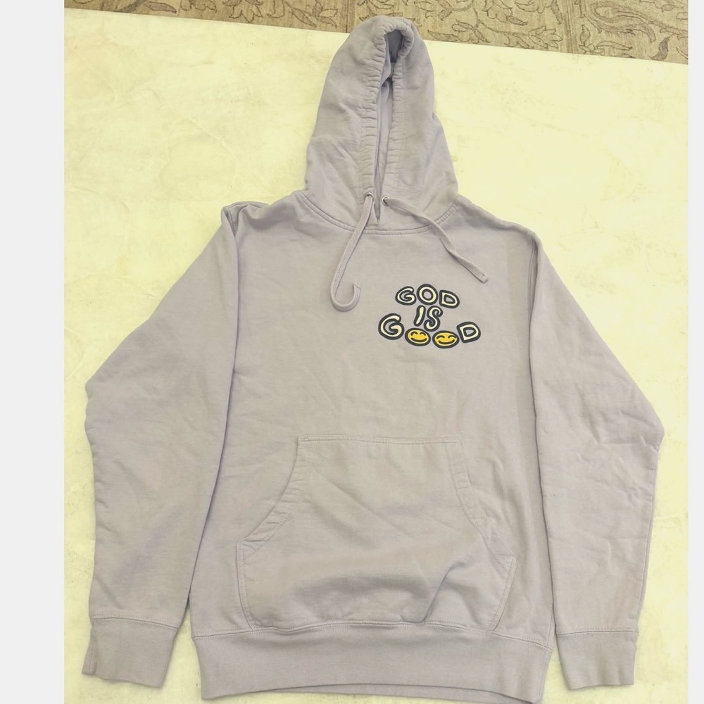 God Is Good Lavender Purple Hoodie Puff Print Surf Van Smiley Face Women Medium - Picture 2 of 5